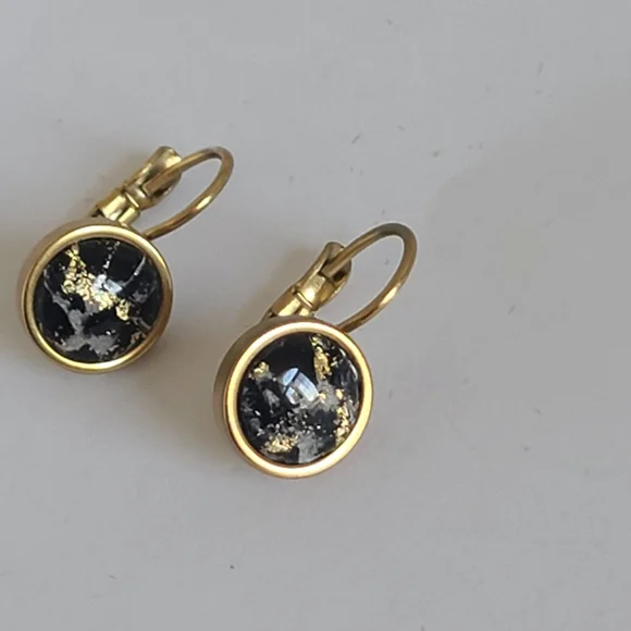 Elegant Hand Crafted Boho Black Gold Gemstone Marble Circle Drop Dangle Earrings - Picture 11 of 13